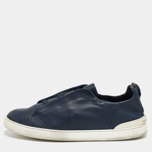 Ermenegildo Zegna Navy Blue Leather Triple stitch Slip On Sneakers Size 44
