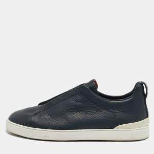 Ermenegildo Zegna Navy Blue Leather Triple Stitch Slip On Sneakers Size 41