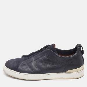 Ermenegildo Zegna Black/Navy Blue Leather and Suede Triple Stitch Slip On Sneakers Size 41