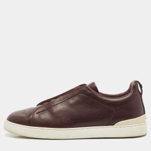 Ermenegildo Zegna Brown Leather Triple Stitch Slip On Sneakers Size 41