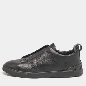 Ermenegildo Zegna Black Leather Triple Stitch Slip On Sneakers Size 42.5