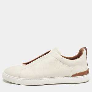 Ermenegildo Zegna Cream Leather triple stitch Slip On Sneakers Size 45