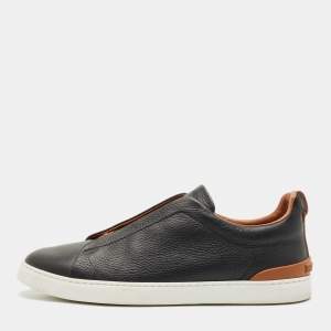 Ermenegildo Zegna Black Leather triple stitch Slip On Sneakers Size 45