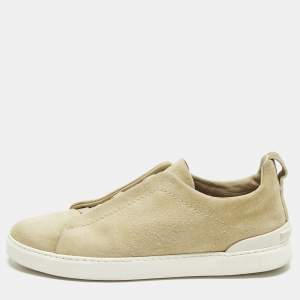 Pre Owned Ermenegildo Zegna Triple Stitch Size 42 Beige Suede Low Top Sneakers