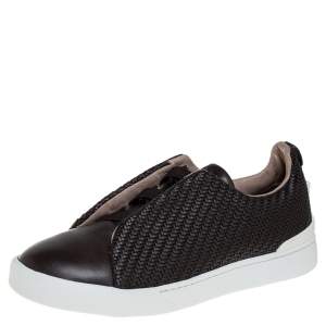 Pre Owned Ermenegildo Zegna Couture Dark Brown Woven Leather Pelletessuta Triple Stitch Slip On Sneakers Size 42.5