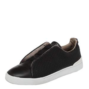 Pre Owned Ermenegildo Zegna Couture Dark Brown Woven Leather Pelle Tessuta Triple Stitch Slip On Sneakers Size 43