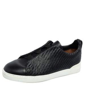 Pre Owned Ermenegildo Zegna Couture Black Woven Leather Pelle Tessuta Slip On Sneakers Size 43