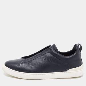 Pre Owned Ermenegildo Zegna Navy Blue Leather Triple Stitch Slip On Sneakers Size 42