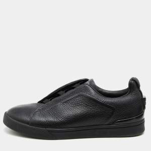 Pre Owned Ermenegildo Zegna Black Leather Triple Stitch Slip On Sneakers Size 43