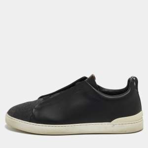 Ermenegildo Zegna Black Leather and Felt Triple Stitch Sneakers Size 43.5 