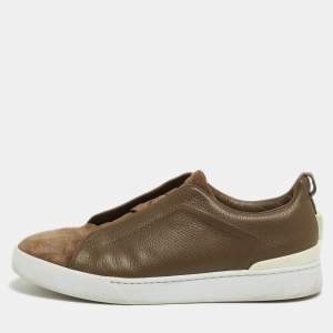 Ermenegildo Zegna Brown Leather and Suede Triple Stitch Sneakers Size 44