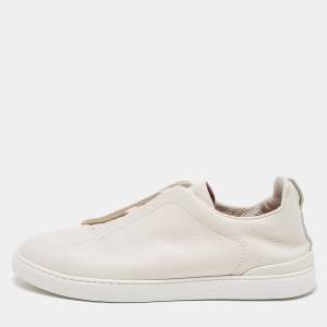 Ermenegildo Zegna Cream Leather Triple Stitch Low Top Sneakers  Size 44