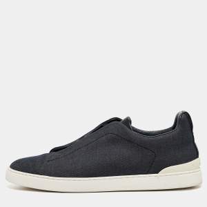 Ermenegildo Zegna Blue Denim and Leather Triple Stitch Low Top Sneakers Size 44