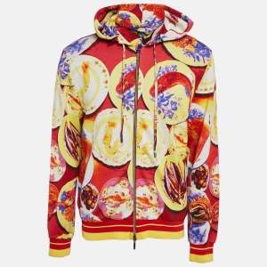 Etro Red Seafood Print Cotton Knit Zip-Up Hoodie XL
