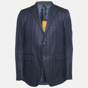 Etro Navy Blue Stripe Wool Blend Single Breasted Blazer L
