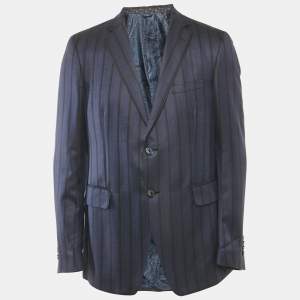 Etro Blue Striped Silk Blend Single Breasted Blazer XL