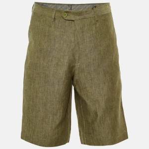 Pre Owned Etro Olive Green Melange Linen Shorts M/Waist 34"