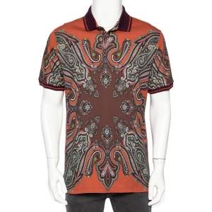 Pre Owned Etro Burnt Orange Paisley Print Cotton Contrast Trim Detail T-Shirt XL