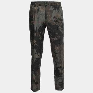 Pre Owned Etro Dark Green Printed Linen Trousers L