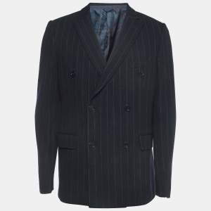 Etro Navy Blue Striped Patterned Wool Blend Double Breasted Blazer XL