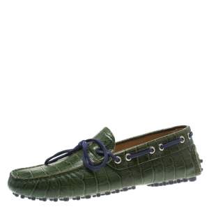 Etro Green Croc Embossed Leather Bow Loafers Size 41