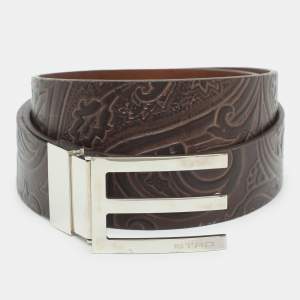 Pre Owned Etro 115 cm Buckle Belt Brown Paisley Embossed Leather