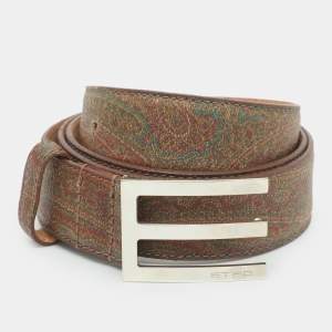 Pre Owned Etro 110 cm Buckle Belt Brown Paisley Coated Canvas