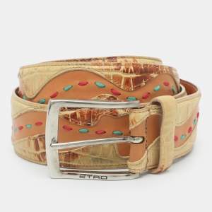 Pre Owned Etro 100 cm Buckle Belt Beige/Tan Crocodile Embossed Leather