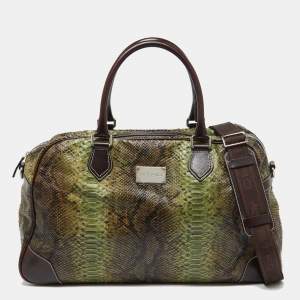 Etro Green/Brown Python Effect Leather Duffel Bag