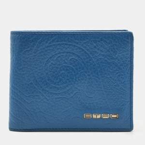 Pre Owned Etro Blue Paisley Embossed Leather Bifold Wallet
