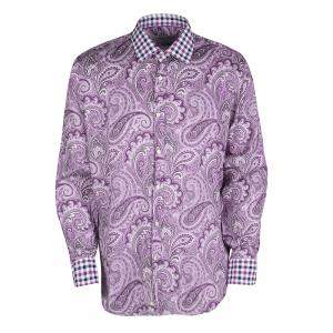 Pre Owned Etro Purple Paisley Printed Cotton Checked Collar and Cuff Detail Long Sleeve Shirt M