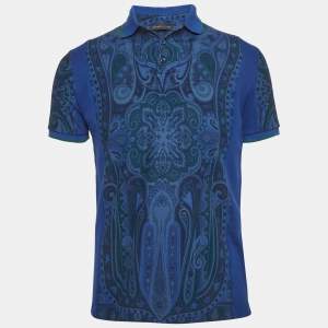 Pre Owned Etro Blue Paisley Print Jersey Polo T-Shirt M