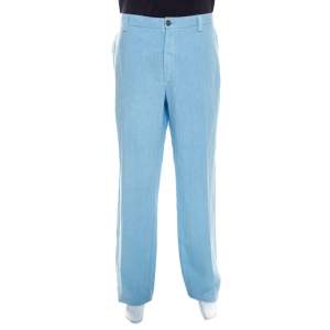 Pre Owned Etro Light Blue Linen Straight Fit Trousers 3XL 