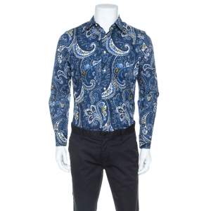 Pre Owned Etro Blue Cotton Paisley Printed Long Sleeve Button Front Shirt M