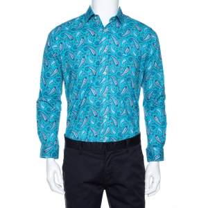 Pre Owned Etro Blue Cotton Paisley Printed Button Front Shirt L