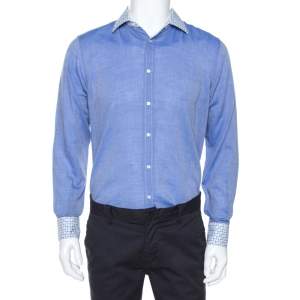 Pre Owned Etro Blue Chambray Cotton Printed Collar Long Sleeve Shirt M