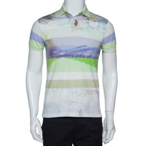 مملوكة مسبقًا Etro Light Green Striped Fish Print Cotton Polo T-Shirt S