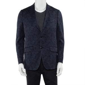 Pre Owned Etro Navy Blue Paisley Jacquard Knit Button Front Blazer L