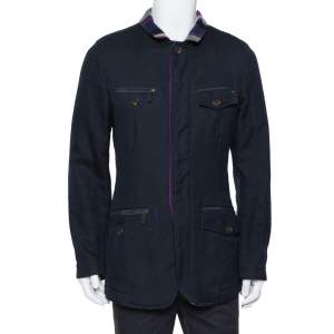 Pre Owned Etro Navy Blue Cotton & Striped Wool Lined Zip Front Jacket M