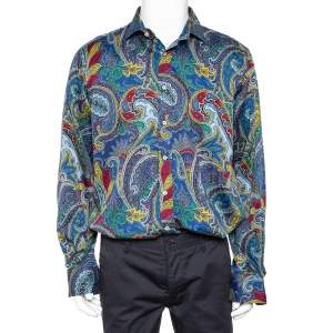 Pre Owned Etro Blue Paisley Printed Cotton Button Front Shirt XXL
