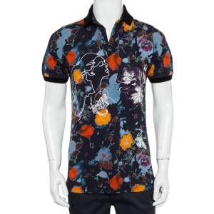 Pre Owned Etro Navy Blue Abstract Print Cotton Pique Polo T-Shirt M