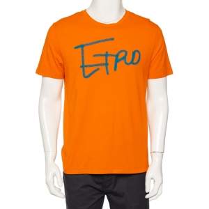 Pre Owned Etro Orange Logo Embroidered Cotton Crewneck T-Shirt L