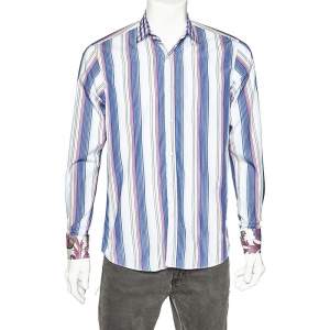 Pre Owned Etro Multicolor Striped Cotton Contrast Detail Shirt M