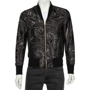 Pre Owned Etro Black Paisley Printed Silk Rib Knit Trimmed Bomber Jacket S
