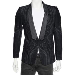 Pre Owned Etro Navy Blue Printed Wool Brocade Trim Blazer S