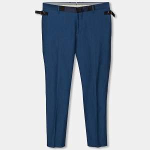 Pre Owned Etro Blue Textured Satin Trim Detailed Tapered Pants S