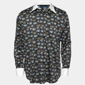 Etro Midnight Blue Floral Printed Cotton Contrast Collar & Cuff Detail Shirt M