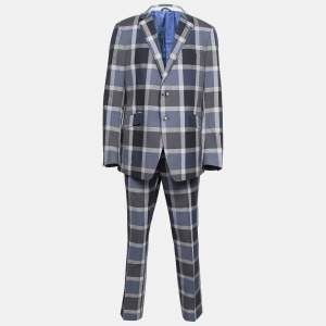 Pre Owned Etro Blue Checked Wool & Cotton Single Breasted Suit XXXL