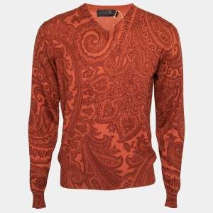 Etro Terracota Paisley Printed Knit V-Neck Sweater M