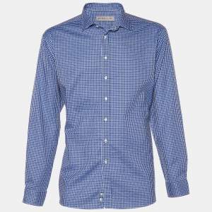 Pre Owned Etro Blue Square Pattern Cotton Button Front Shirt 2XL